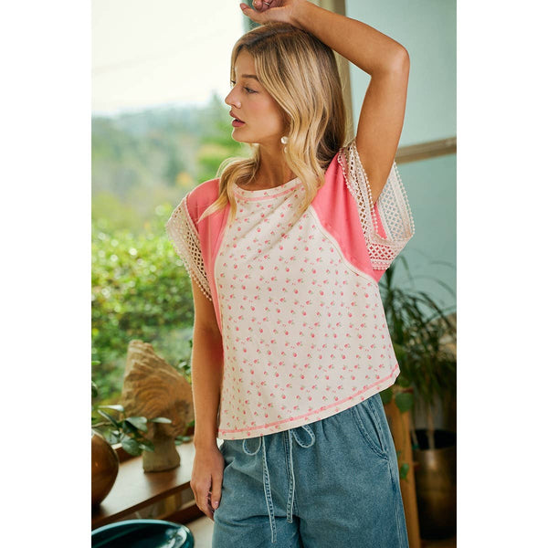 FLORAL RIB KNIT WITH CROCHET TRIM SLEEVES TOP: CORAL PINK / S
