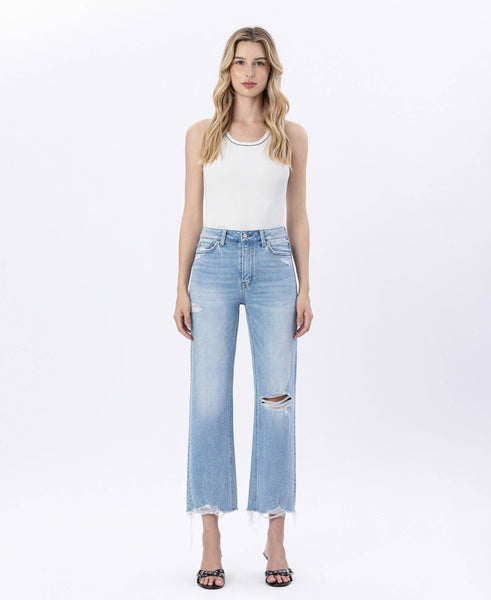HIGH RISE DISTRESSED CROP SLIM WIDE JEANS F6037: EZRA