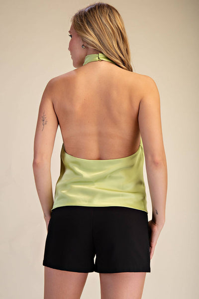 Halter Neck Cowl Neck Sleeveless Openback Satin Top: Dusty Blue / S