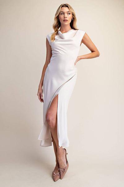 Short-Sleeve Cowl-Neck Slip Midi Dress: Cream
