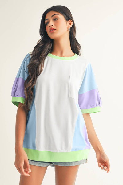 LDC Color Block Patchwork Half Sleeve Oversized T Shirt: Purple