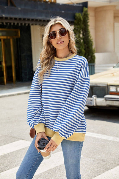 Striped Crew Neck Contrast Color Loose Long Sleeve Sweater: Blue and white stripes