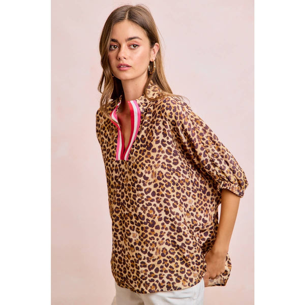 LEOPARD CONTRAST BANDED DOLMAN SLEEVES BLOUSE TOP: LEOPARD / S