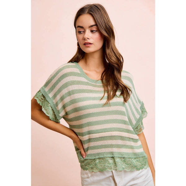 STRIPED CONTRAST LACE DETAIL LIGHTWEIGHT KNIT TOP: PALE BANANA / M