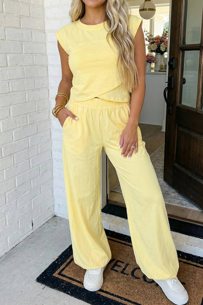 LAS Solid Color Cropped Tank Top and Jogger Pants Set Moonlight Jade