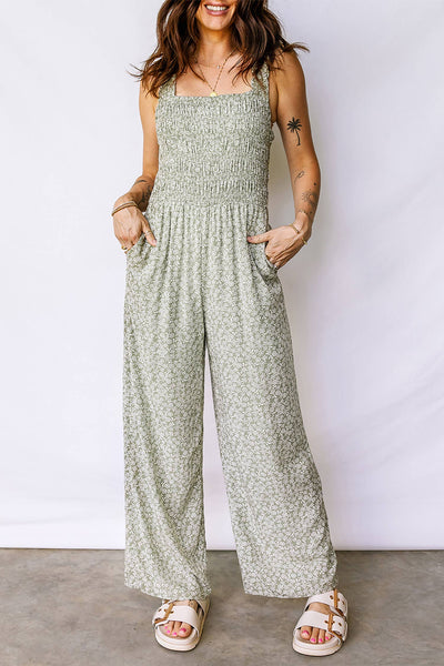 Floral Smocked Bodice Square Neck Sleeveless Jumpsuit Green