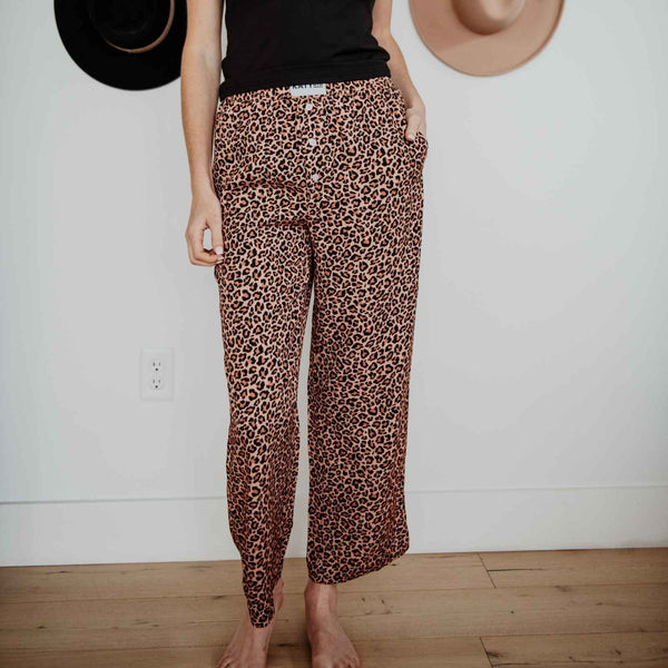 Brown Leopard Print Boxer Pajama Pants: Brown