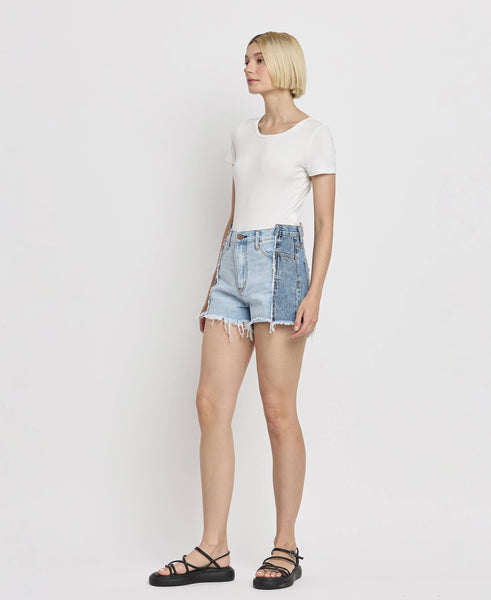 HIGH RISE TWO TONE PATCH DENIM SHORTS BY4330: FUTURESTIC