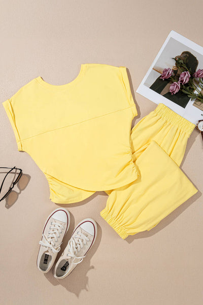 LAS Solid Color Cropped Tank Top and Jogger Pants Set Blue / Missy