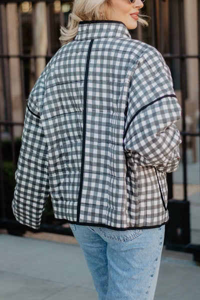 Black & White Checkered Quilted Jacket for Women: Black and White