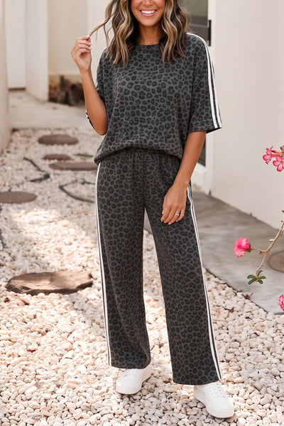 LDC Varsity Striped Leopard 3/4 Sleeve Top and Pant Set: Gray