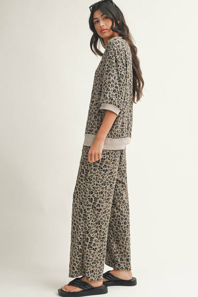 Spring Western Leopard Patchwork Pullover Wide Leg Pant Set: Khaki