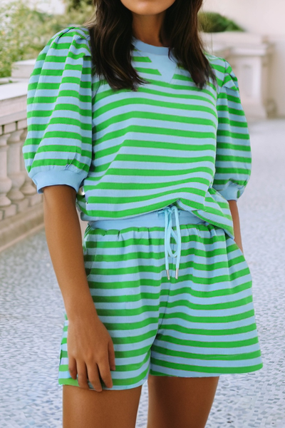 LDC Stripe Spring Puff Sleeve Shirt Matching Shorts SetGreen Stripe plus