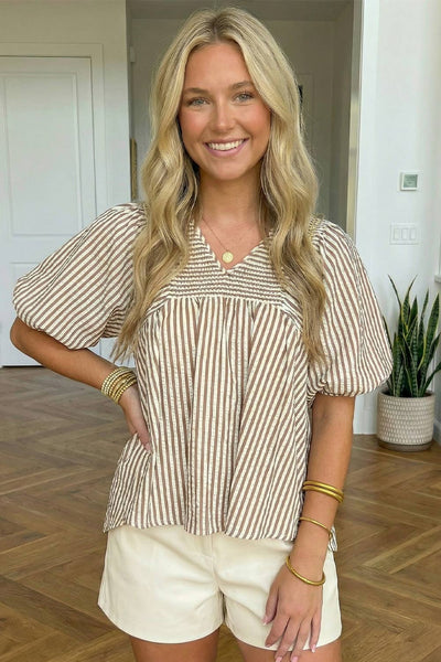 Striped V Neck Short Puff Sleeve Blouse : Brown Stripe
