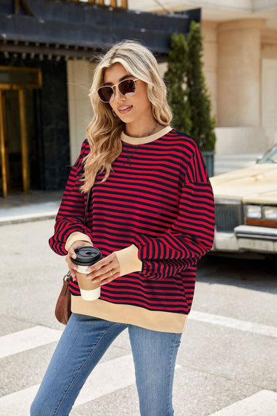 Striped Crew Neck Contrast Color Loose Long Sleeve Sweater: Green and white stripes