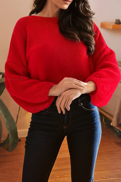 LDC Bow Backless Bubble Sleeve Festive Sweater: Fiery Red