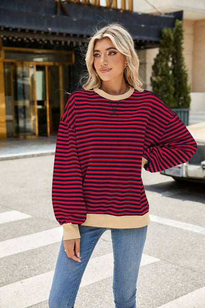 Striped Crew Neck Contrast Color Loose Long Sleeve Sweater: Black and white stripes