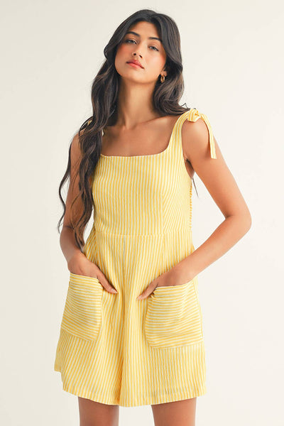LDC Stripe Shoulder Tie Smocked Back Wide Leg Casual Romper: Yellow