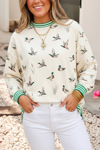 LDC Striped Patchwork Duck Print Pullover Sweatshirt: Beige