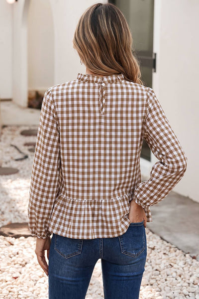 Plaid Smocked Bodice Three Quarter Sleeve Casual Top: Red