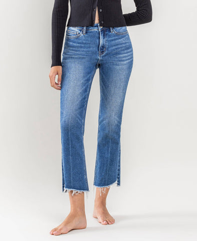HIGH RISE RAW STEP HEM KICK FLARE JEANS T5910: ENCOURAGINGLY