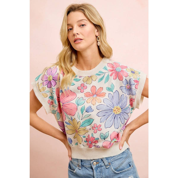 FLOWER ARTWORK PRINTED COZY KNIT TOP: FLOWER / 2X