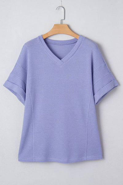 LAS Waffle V Neck Short Sleeve Knit Top Wisteria