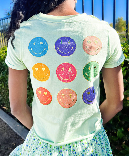 Happiness front back happy face tween  tee: