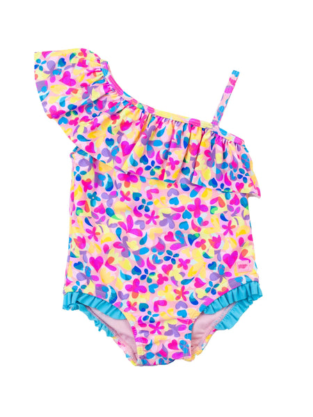 Girls Vibrant Neon One Shoulder Ruffle One Piece