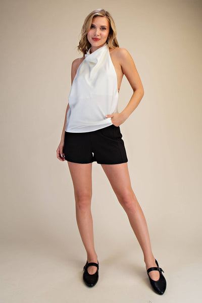 Halter Neck Cowl Neck Sleeveless Openback Satin Top: Dusty Blue / S