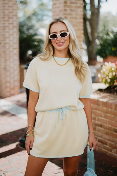 Yellow and Blue Contrast Cute Matching Skirt Set: Yellow