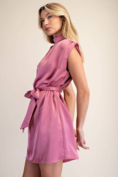 Mock Neck Waist Tie Sleeveless Mini Dress: Slate