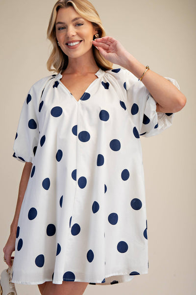 Puff-Sleeve Mini Shift Dress: Navy