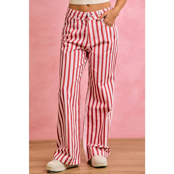GAMEDAY THEME STRIPE HIGH RISE FLARE PANTS: RED