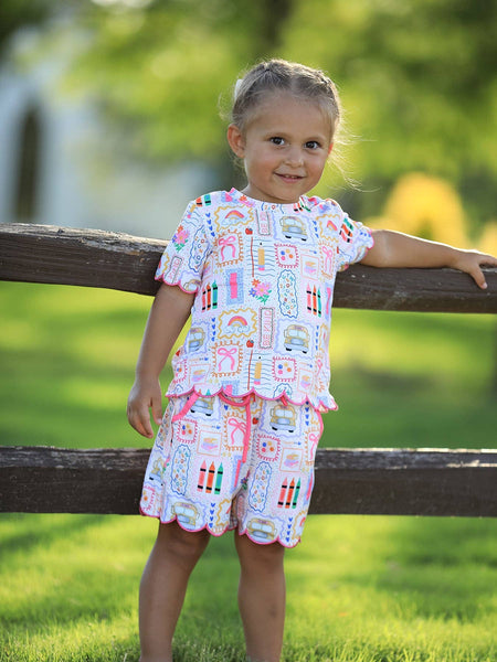 Back to School Print Girl Short Set Scallop Hem: