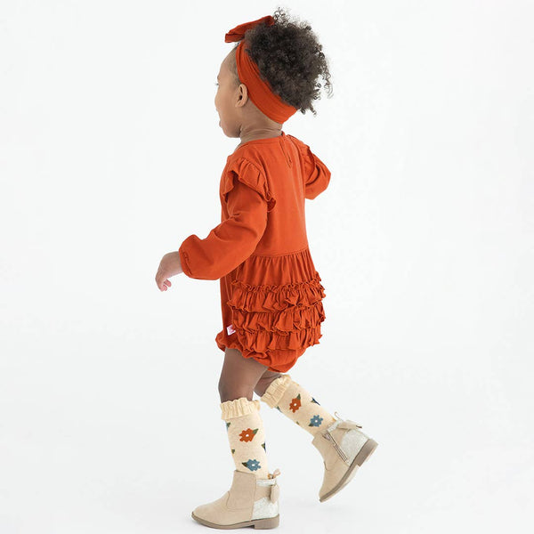 Baby Girls Rust Knit Long Sleeve Flutter Bubble Romper: Orange