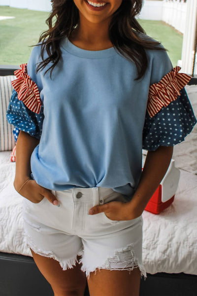 LDC Stars Stripes Round Neck Short Puff Sleeve Top