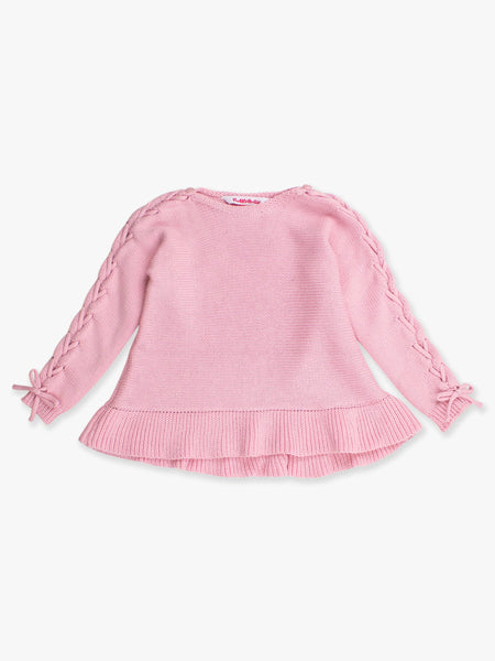 Girls Pink Ruffle Hem Lace Up Sweater
