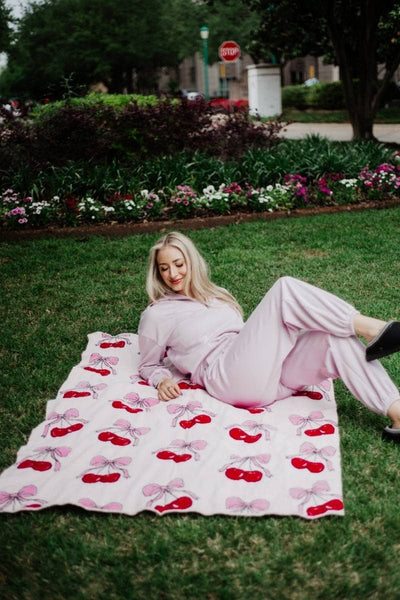 Cherry Bows All Over Soft Wholesale Blanket: Light Pink