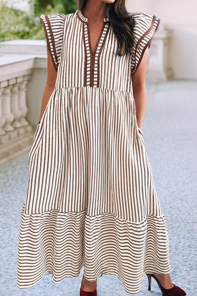 LDC Ruffled Stripe Contrast Trim V Neck Dress: Black