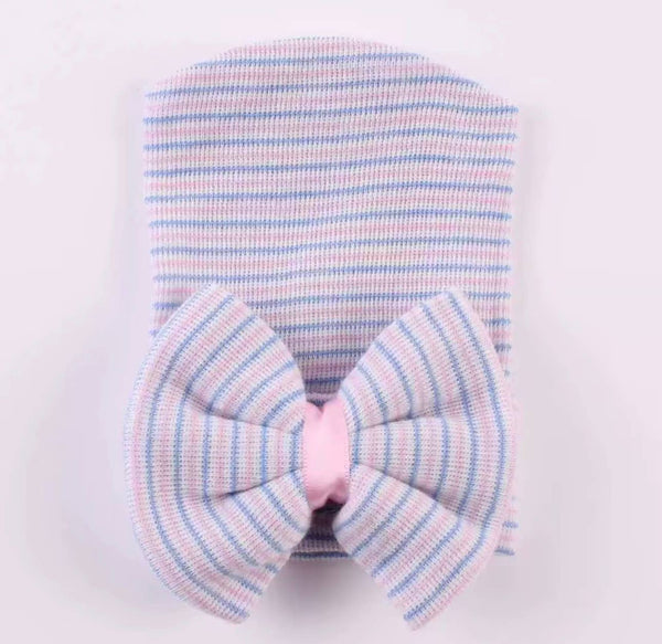 Newborn Hospital Hat, Gender Reveal, Embroidery, Monogram: White Pink / Satin Bow