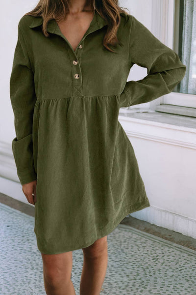 LDC Corduroy Half Button Collared Long Sleeve Mini Dress: Oatmeal