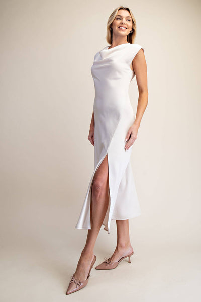 Short-Sleeve Cowl-Neck Slip Midi Dress: Cream