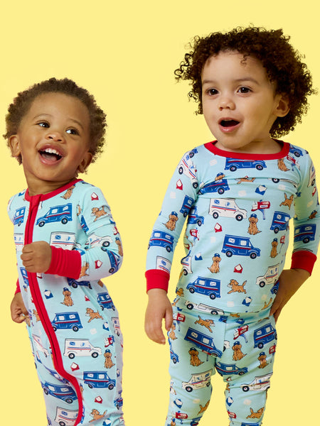 SoftSnooze™ Baby Bamboo Viscose Postal Pups Mail Convertible One Piece Footie Pajama: Blue