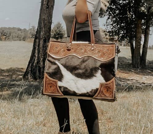 Tooled Leather Cowhide Travel Overnight Weekender Myra Bag