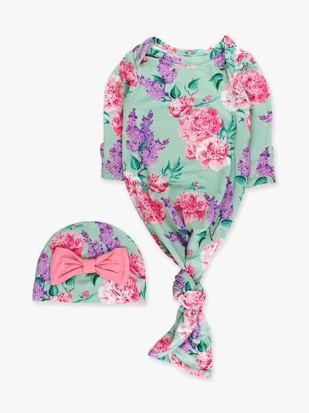 SoftSnooze™ Baby Girls Bamboo Viscose Sage Garden Ruffle Knotted Sleep Gown & Bow Hat Set: Green / Newborn-3m