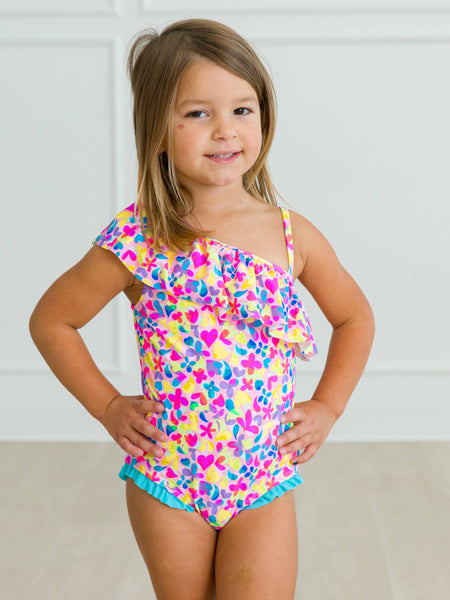 Girls Vibrant Neon One Shoulder Ruffle One Piece