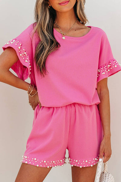 Textured Pearled Ruffle Sleeve Top 2 Piece Shorts Set