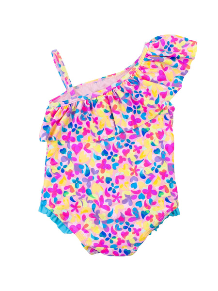 Girls Vibrant Neon One Shoulder Ruffle One Piece
