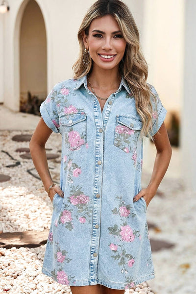 LDC Floral Denim Cuffed Short Sleeve Button Down Shift Dress: Sky Blue